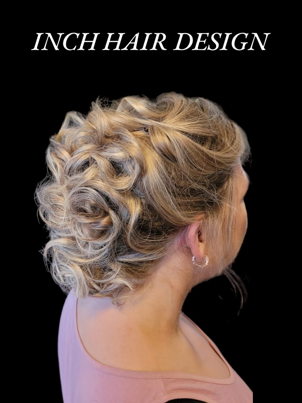Blonde curly updo finished for a wedding at INCH Hair Design